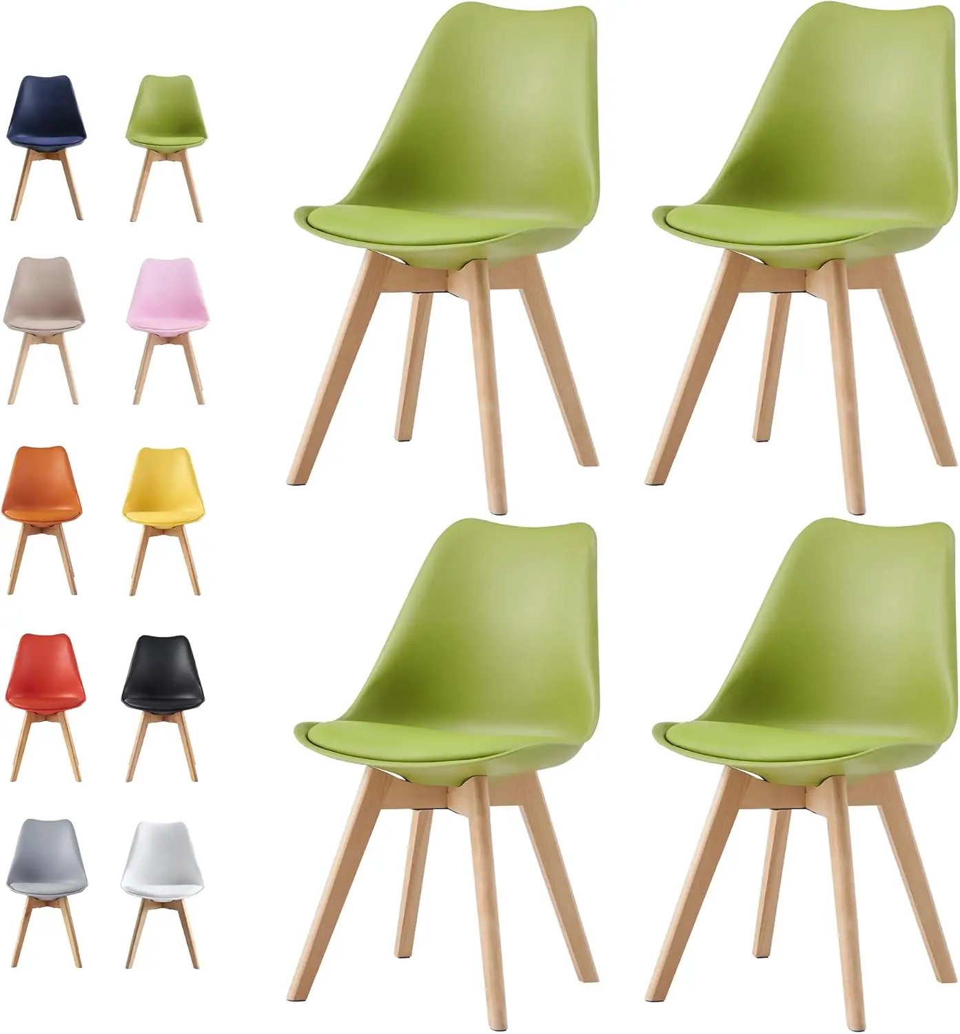 Gudalio Eetkamer Stoelen - Set van 4 - Kuipstoelen - Keukenstoelen - Scandinavische stijl - Zacht Zitkussen - Houten poten - Groen