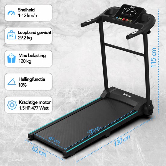 Zwarte Brixy loopband met display, tablethouder en afmetingen.