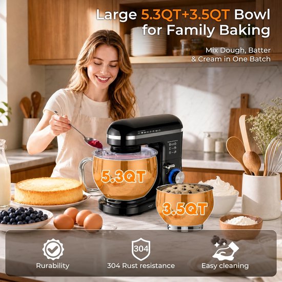 Lamor Keukenmachine - Mixer - Keukenmixer met mengkom - Keukenmixers - Mixers - Deegmixer - 10 snelheden - 2 kommen - Zwart van Lamor — afbeelding 3