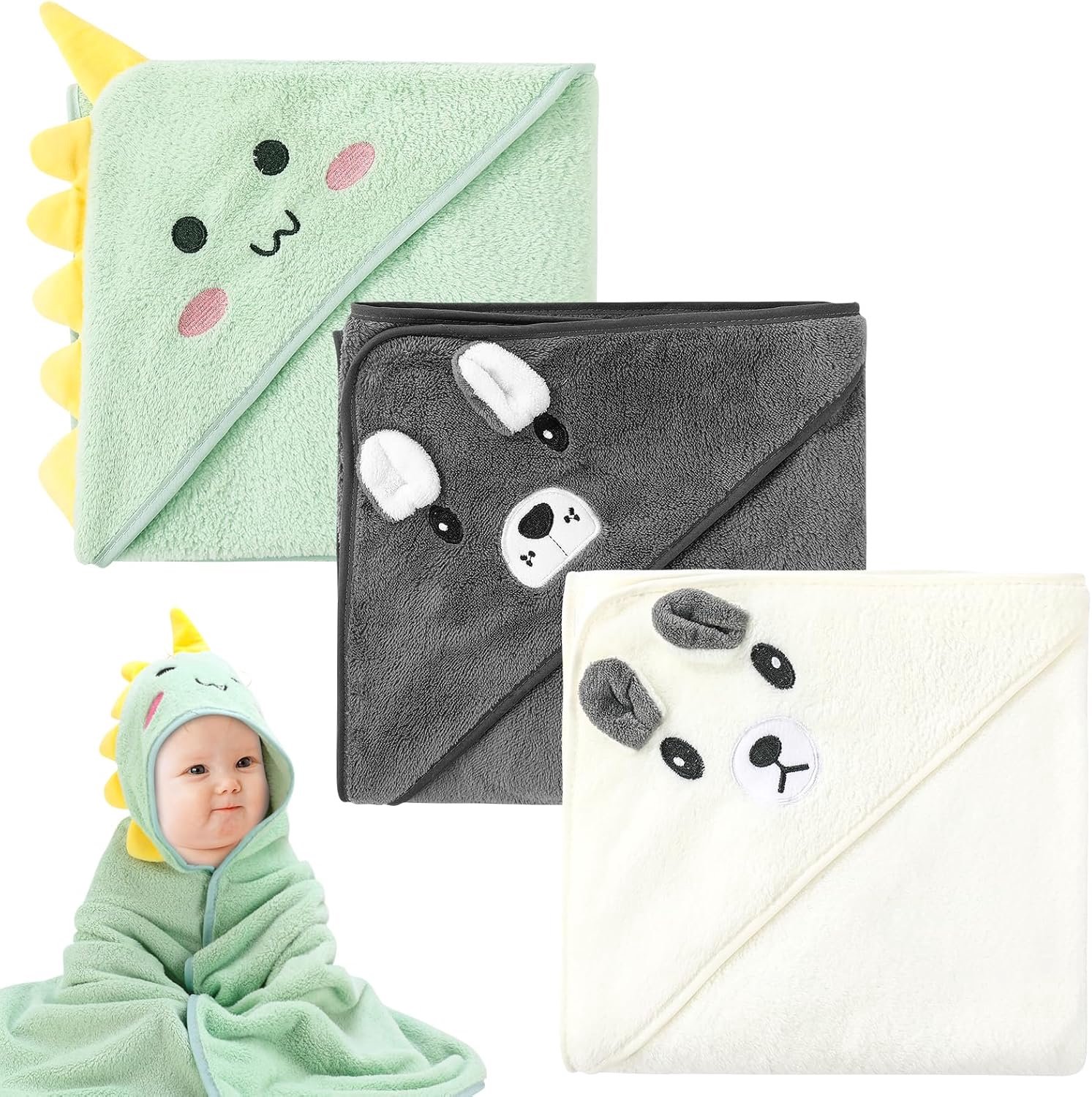 Babyhanddoeken met capuchon - Badcapes voor baby - Zachte handdoek na bad - Dierenmotieven op capuchon - Wasbare koraalfleece - Set voor pasgeborenen - Groen grijs wit - 3 stuks - 80 x 80 cm