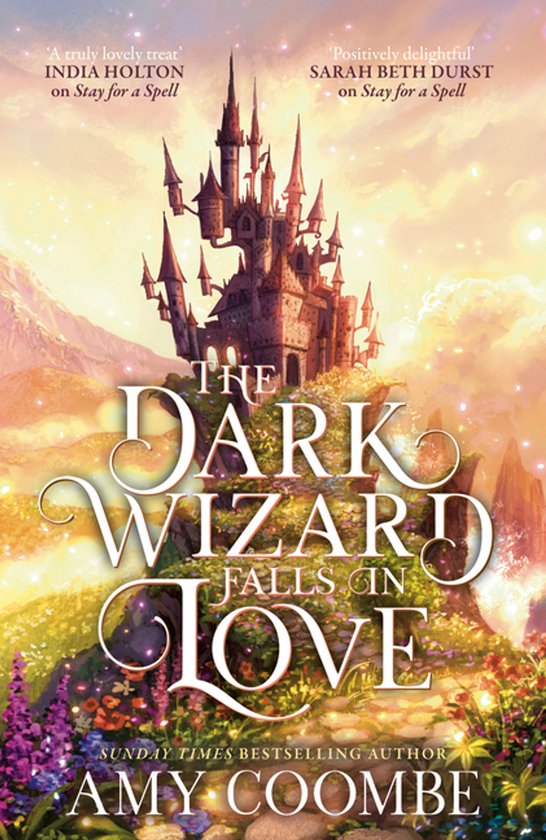 Boekomslag van 'The Dark Wizard Falls In Love' met een donker kasteel op een heuvel in een kleurrijk, magisch landschap.