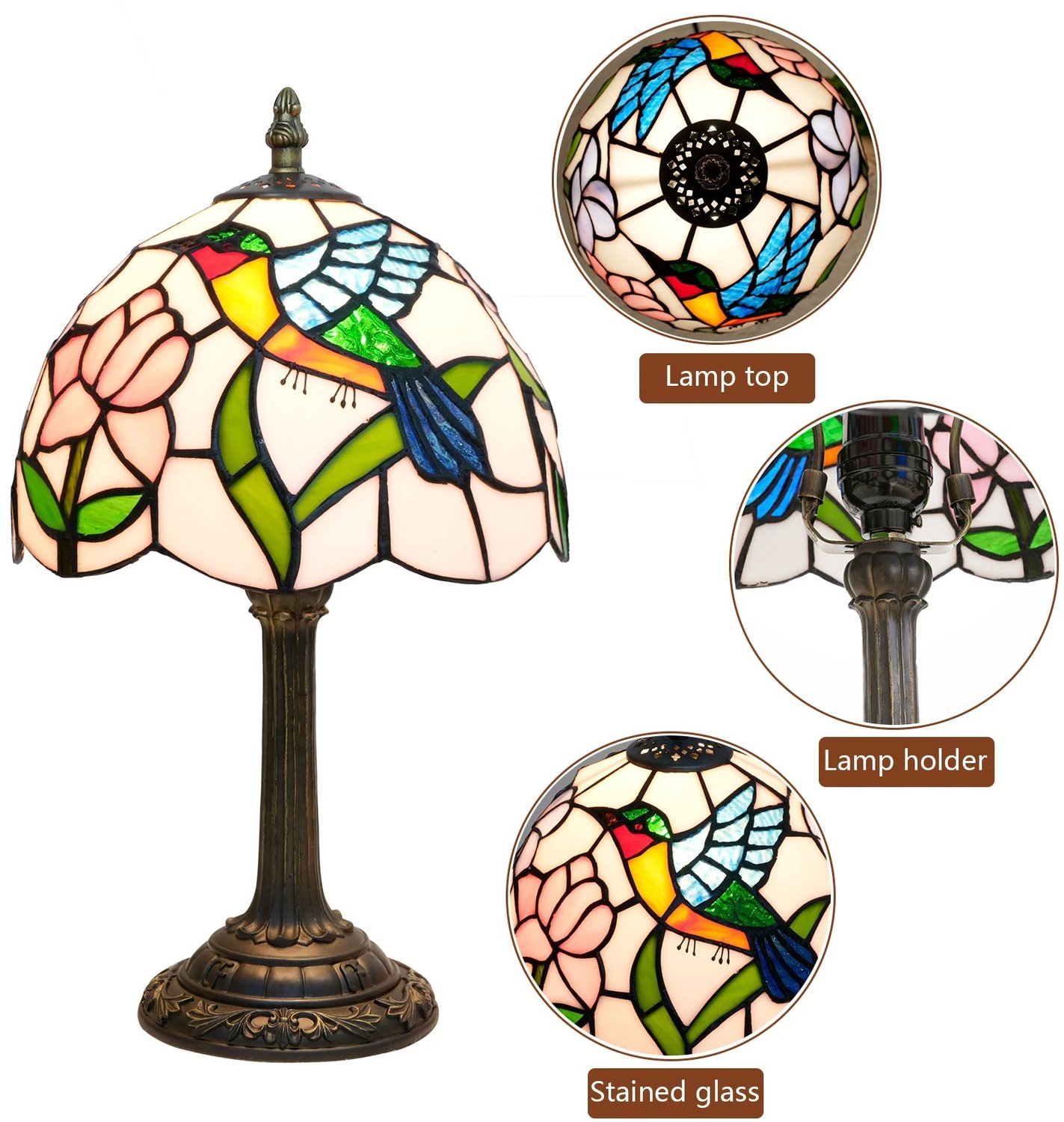 Tremeo Sfeervolle Tafellamp Kolibrie - Retro - Glas-in-loodstijl - Nachtlampjes - Nachtlamp - Nachtlampje - 20x20x36.5 cm