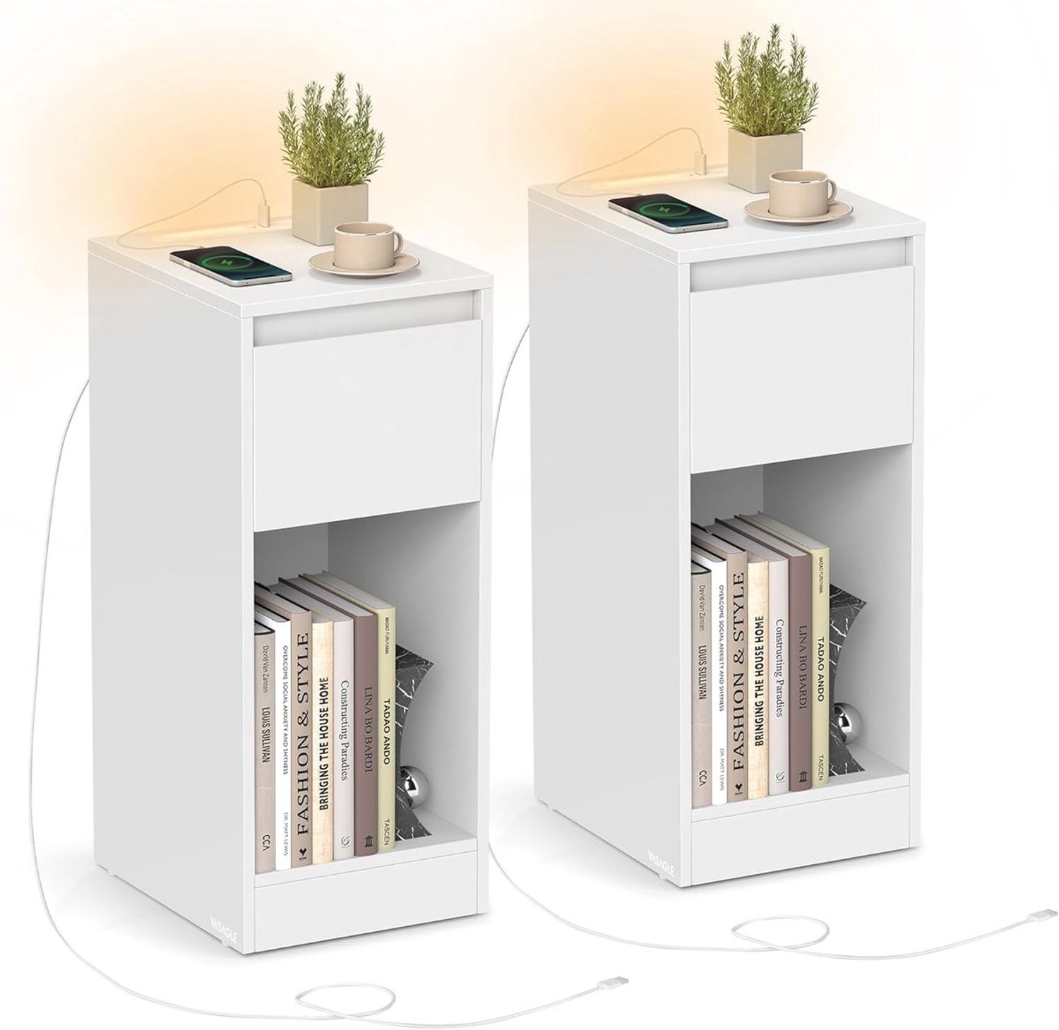 Homesy Nachtkastje set van 2 – Smal bijzettafeltje met lade en open vak – Inclusief LED-verlichting, USB-A & USB-C poort – Voor slaapkamer & woonkamer – Wolkenwit