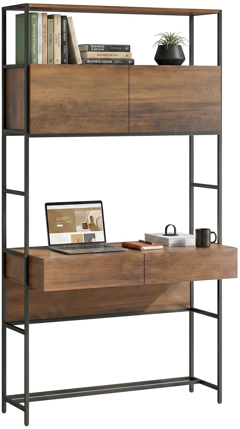 Bresht Computerbureau - Bureau - Kast - Anti-kantelvoorziening - 2 Kasten - 2 Laden - Bruin met Zwart - 100 × 45 × 185 cm