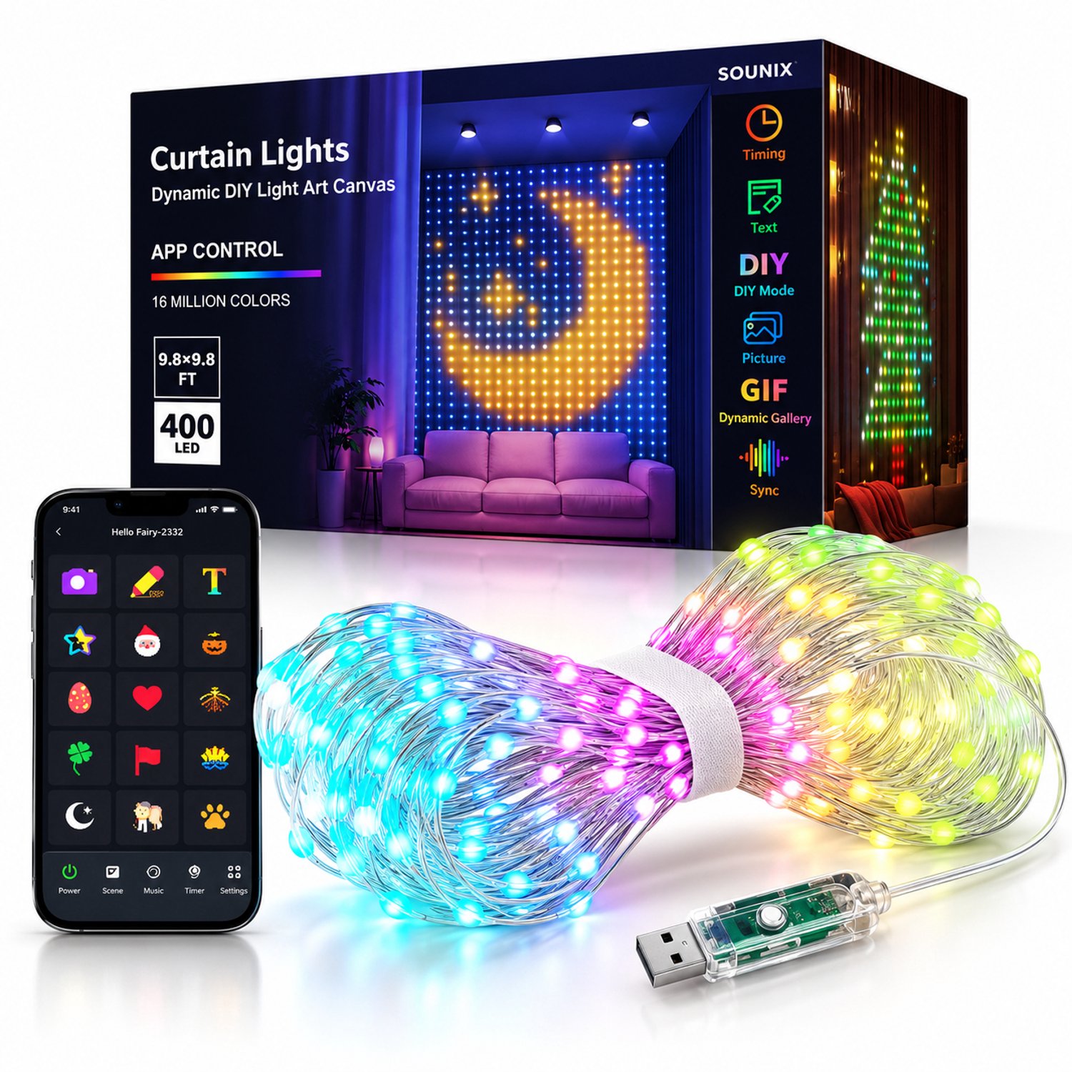 Sounix LED Lichtgordijn - Sfeerverlichting met Afstandsbediening - 2 meter - RGB - 400 LED lichten - LED Kerstverlichting Lichtgordijn