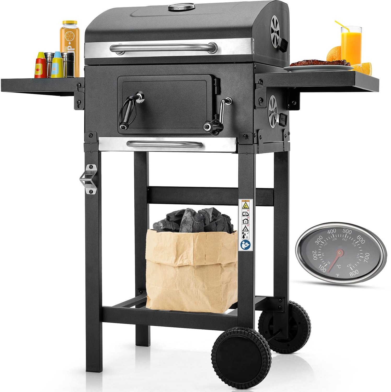 LIFERUN Houtskoolgrill BBQ op Wielen- Smokerbarbecue met Deksel