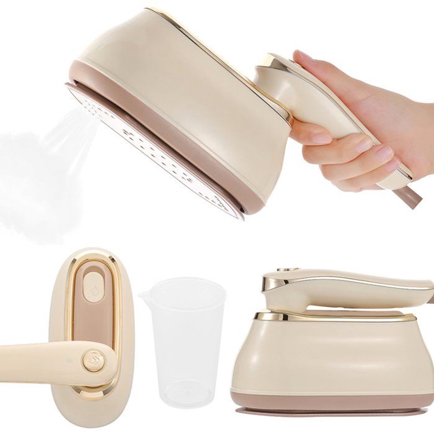 Draagbaar handstoomstrijkijzer voor op reis, 2-in-1, 3 stoomstanden, 170 ml waterreservoir, snel opwarmen in 20 seconden, geschikt voor thuis/op reis, beige.