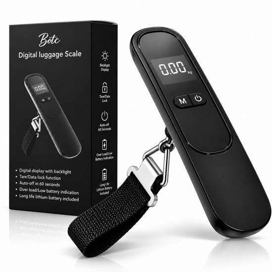 Zwarte digitale kofferweegschaal met verlicht display, weeghaak en batterij, in doos met productspecificaties.