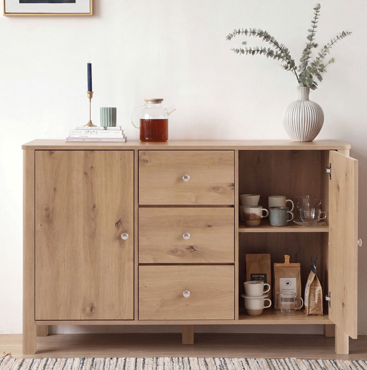 WUVRIE Dressoir 120x40x80 cm - 3 lades, 2 deuren en verdeelde kastruimte - Eiken
