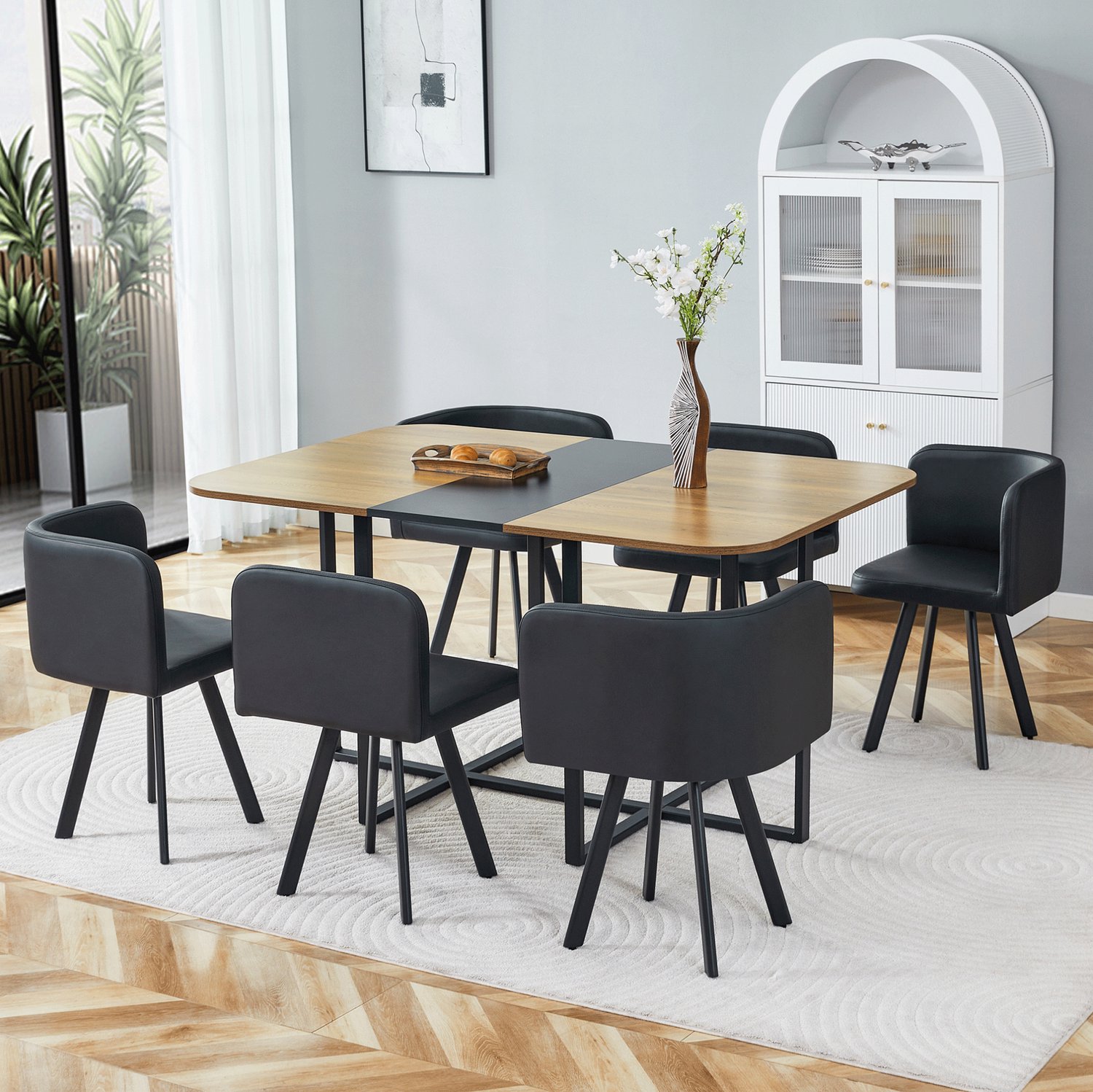 WUVRIE Eettafelset met 6 stoelen - MDF tafelblad en metalen onderstel - Zwart/houtkleurig