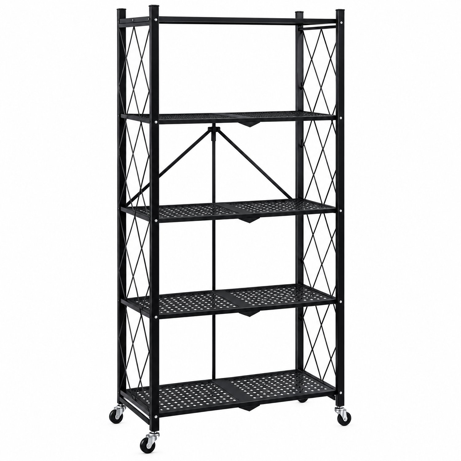 Stellingkast Metaal – Opbergrek op Wielen – 5 Planken, 20 kg per Plank – Inklapbaar, Geen Montage Nodig – 155 x 71 x 34 cm – Voor Garage, Berging, Keuken, Voorraadkast & Wasruimte – Industrieel Zwart – Monza Home