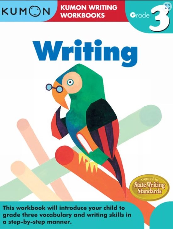 Kumon Writing Grade 3 werkboek met een kleurrijke papegaai met een bril op een witte achtergrond.
