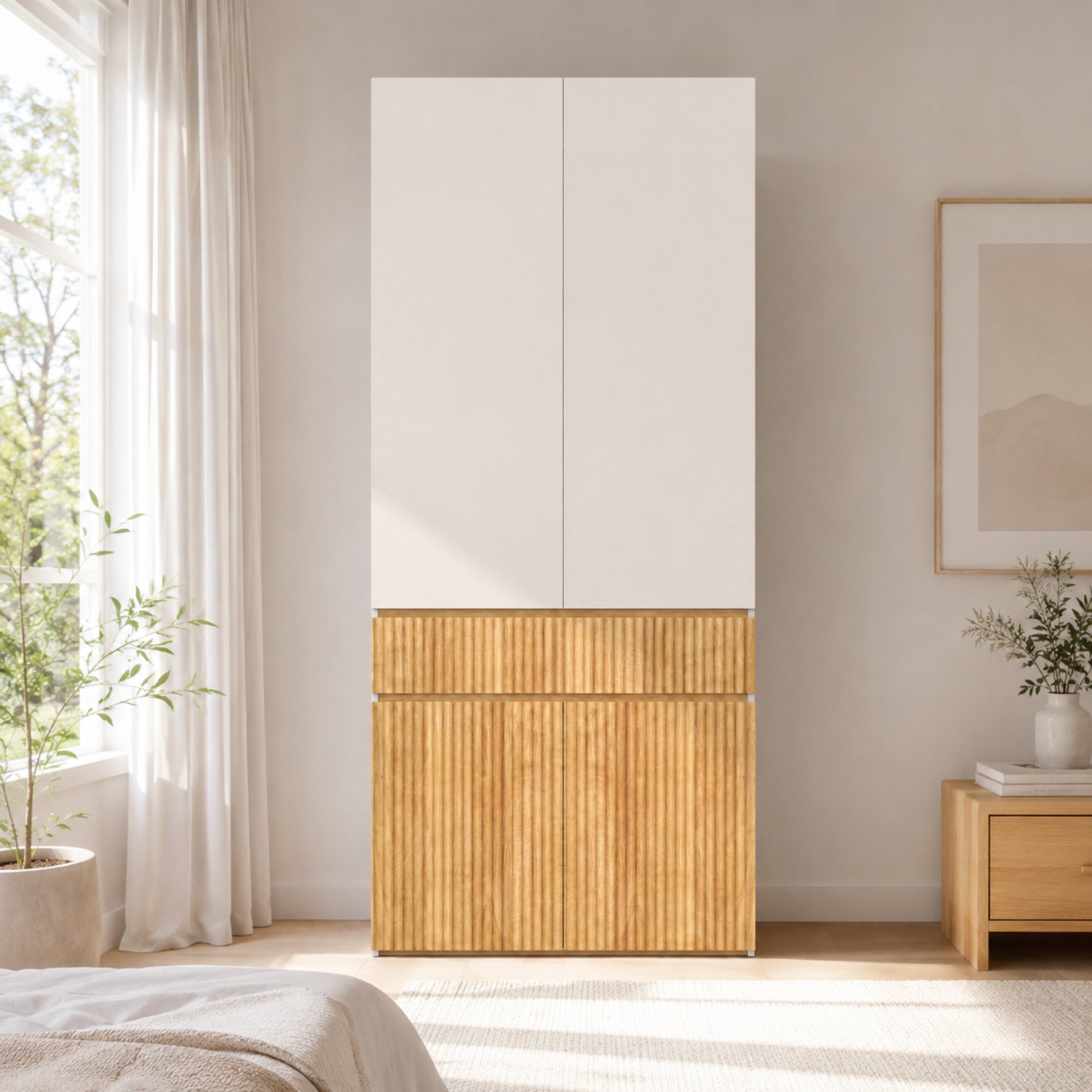 VVBV Kledingkast / Garderobekast 90x50x200 cm – 1 Lades, Opbergruimte, Kledingstang, 4 Deuren, Rillenstructuur – Light Grey + Naturel Light Grey+Natural