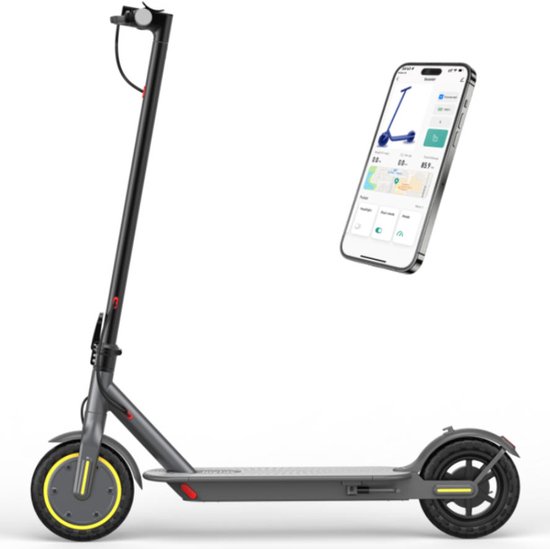 Grijze Joyhis elektrische step met gele wielaccenten en bijbehorende app op een smartphone.