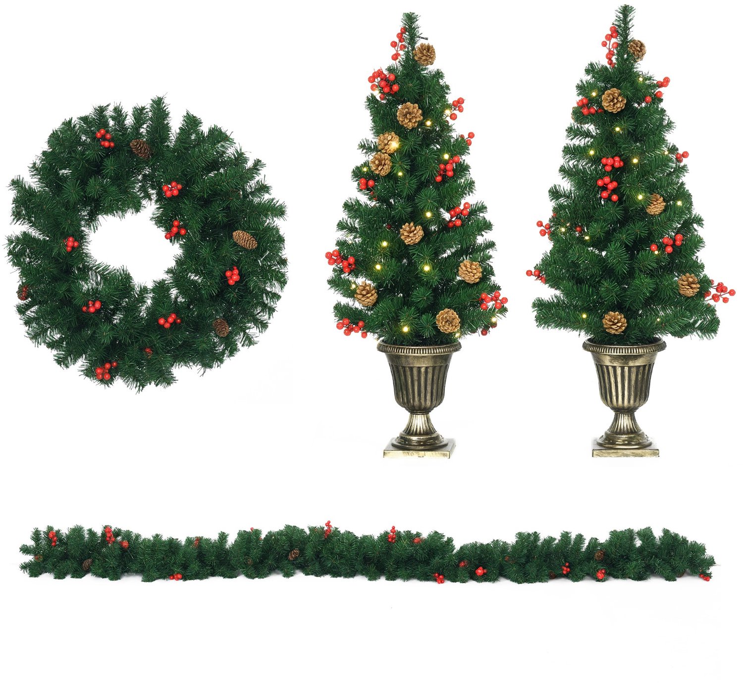 Kerstdecoratie set van 4 stuks - Met 2 kleine kerstbomen van 40x90 cm - Met kerstslinger - Met kerstkrans - Voor een feestelijke kerstsfeer - Compleet pakket