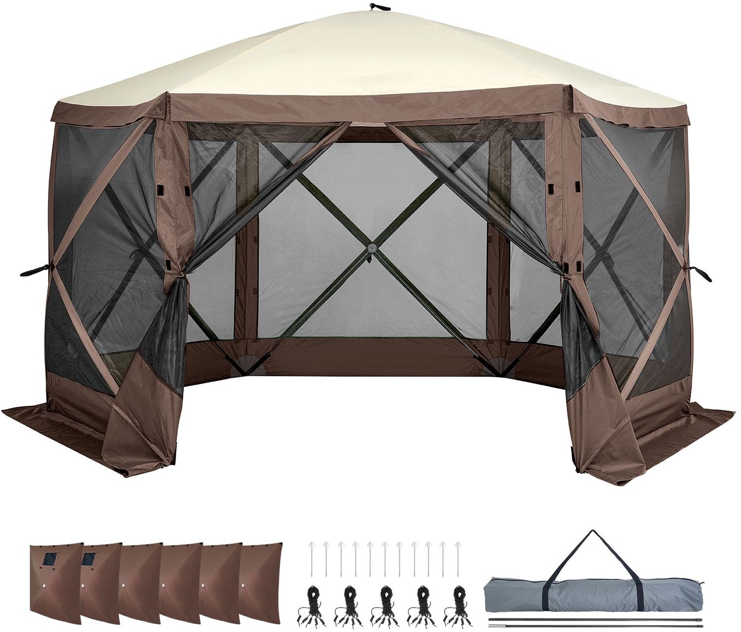 Opklapbare partytent- opklapbare schermtent met 6 zijden luifel- zonnescherm- 6 verwijderbare windschermen voor privacy en ramen van gaas- 3-8 x 3-8 meter (12-5 x 12-5 ft) snel op te zetten schermtent met muggennet- bruin