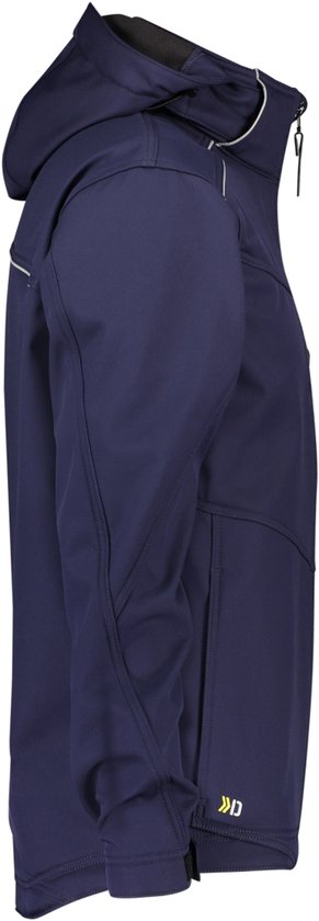 Donkerblauwe DASSY softshelljas met capuchon, ritssluiting en reflecterende details.