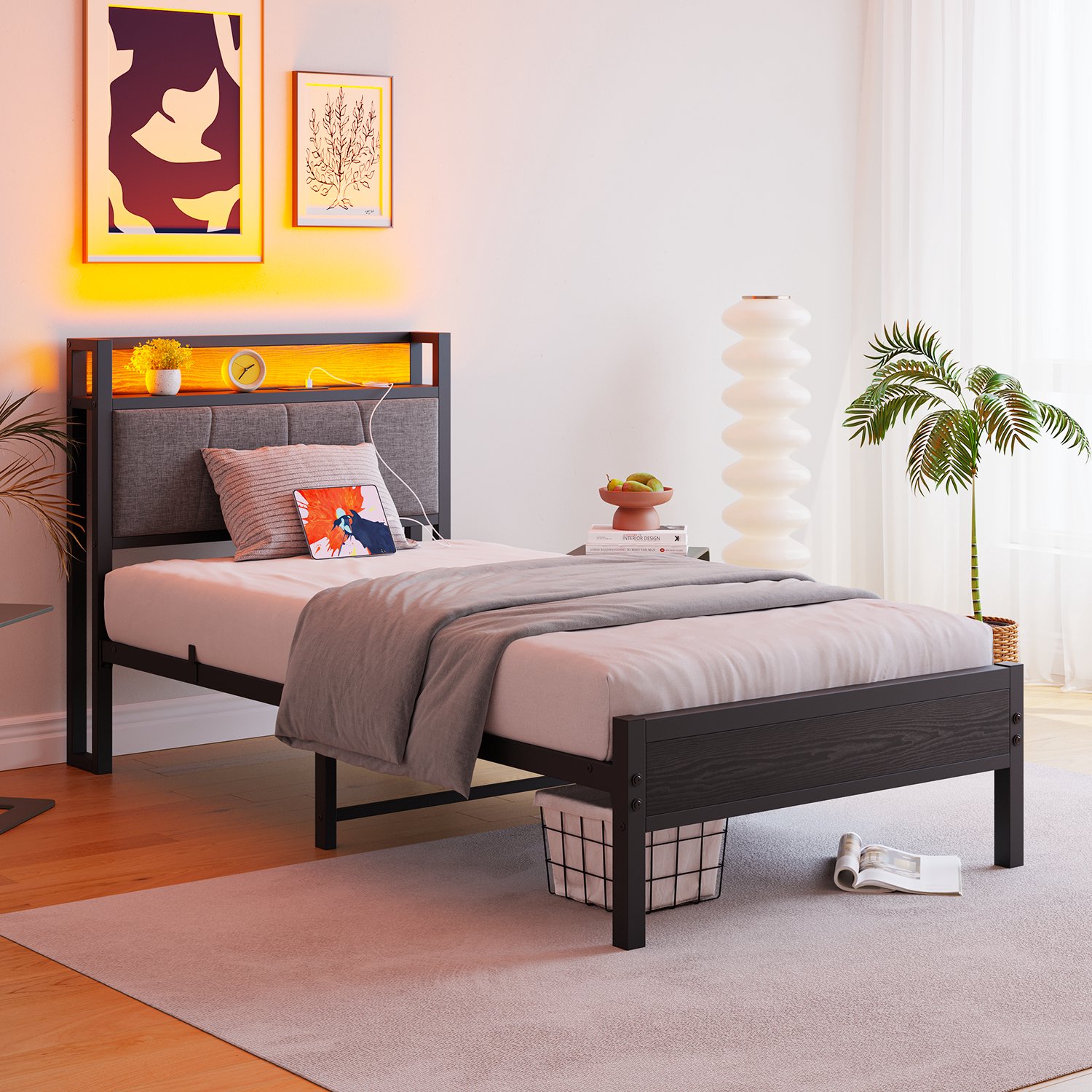 CHICFURN Bedframe 90 x 200 cm - LED-verlichting - USB en stopcontact - opberghoofdbord - zwart