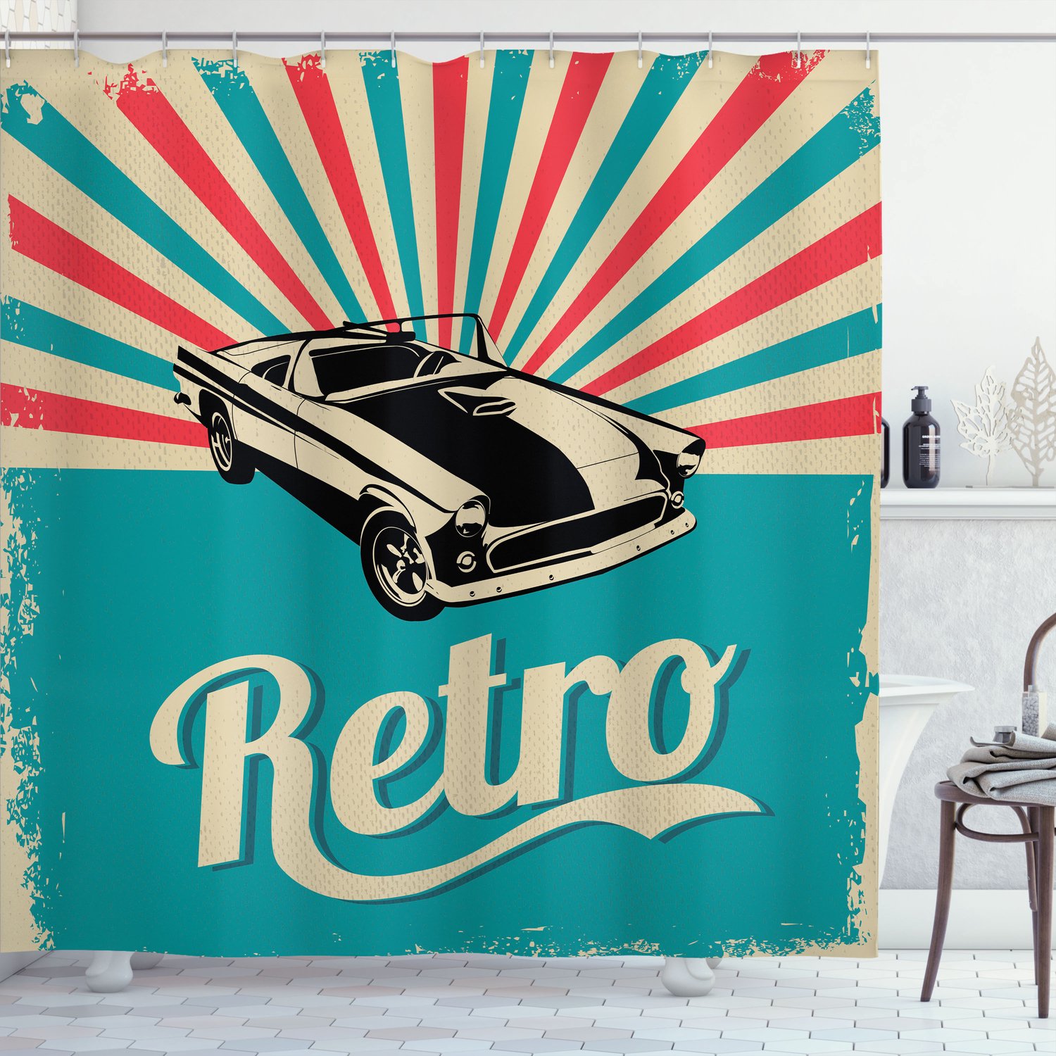 ABAKUHAUS Auto's Douchegordijn, Klassieke Amerikaanse Auto op Retro Gestreepte Grunge Achtergrond, Stoffen Badkamerdecoratieset met Haken, 175 B x 200 L, Hemelsblauw Felroze Zwart