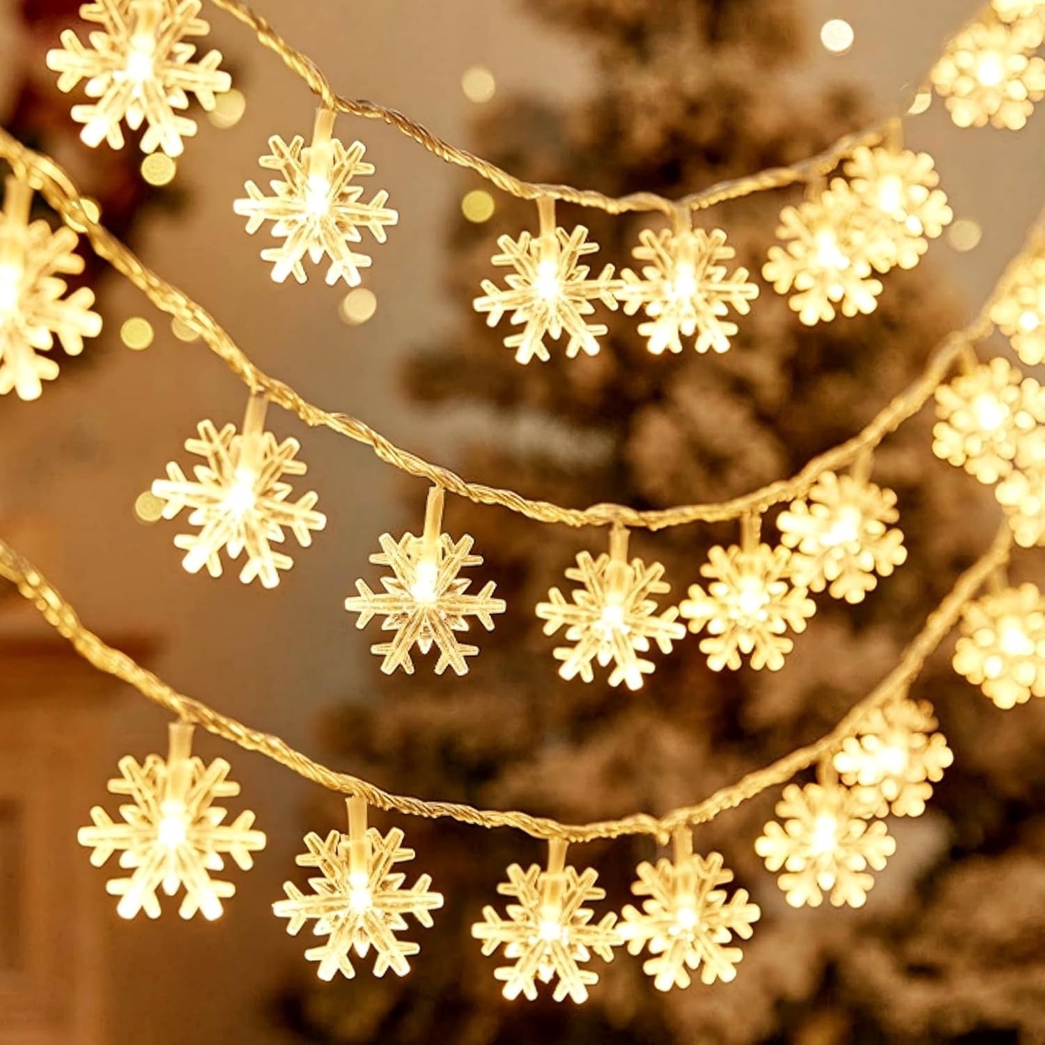 Sneeuwvlok LED Slingerlamp - 6m 40 Lampjes Warm Wit | Batterij gevoed(exclusief batterijen) | 2 Lichtstanden continu & knipperend, Kerst Feestdecoratie Binnen en Buiten- Sfeervolle decoratie binnenshuis