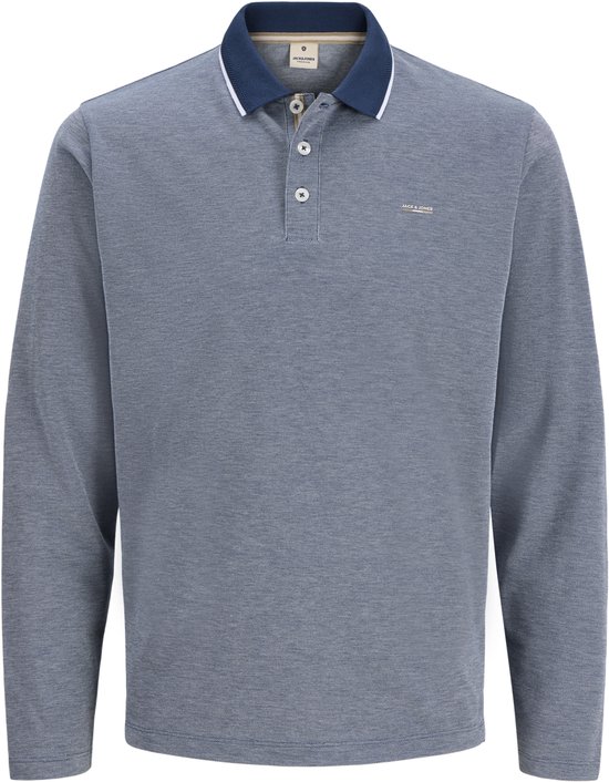 Blauw poloshirt met lange mouwen, donkerblauwe kraag met witte bies, knoopsluiting en Jack & Jones logo.