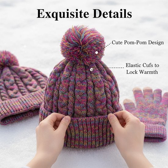 Winter Warm Fashion 3 stuks for kids- Muts + Nekwarmer + Handschoenen - Dikke gebreide pompon, muts, losse handschoenen met touchscreen, sjaalset — cadeau in Mode & Accessoires - foto 6