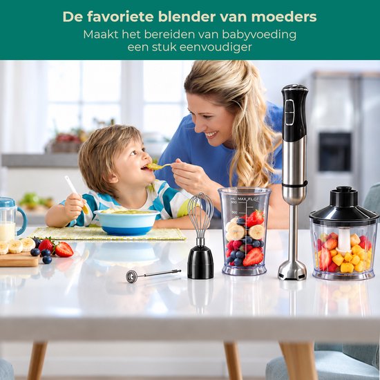 Staafmixer 5-in-1 set – Inclusief Hakmolen, garde, melkopschuimer & Maatbeker – krachtig & vaatwasserbestendig – 20 snelheden + turbofunctie – 1000W – PFAS-vrij — afbeelding 2