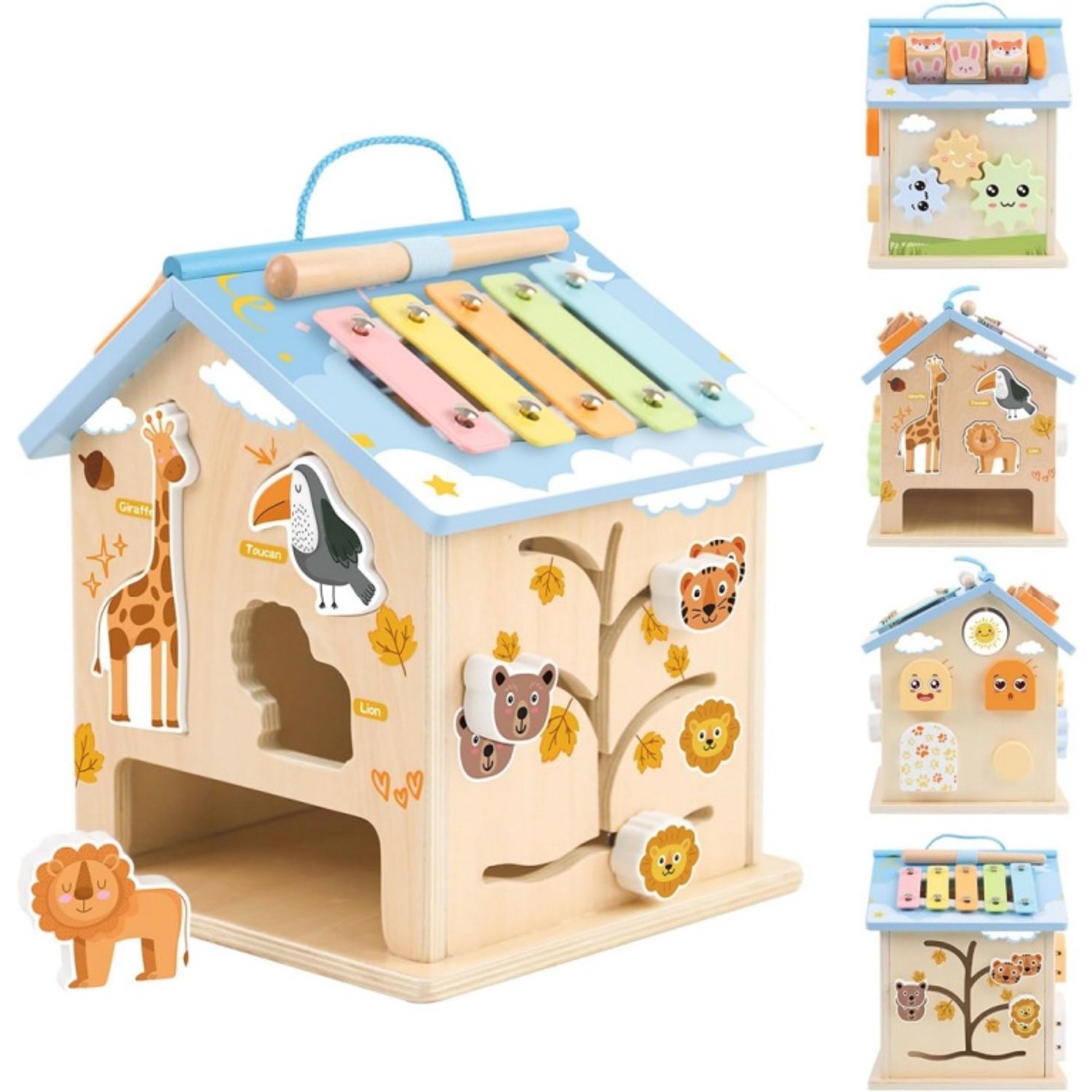 8‑in‑1 Houten Activiteitshuis‑ Montessori Activiteit Kubus‑ Xylofoon, Vormensortering en Dieren Spel‑ Educatief Speelgoed voor Baby en Peuter 6 Maanden‑3 Jaar