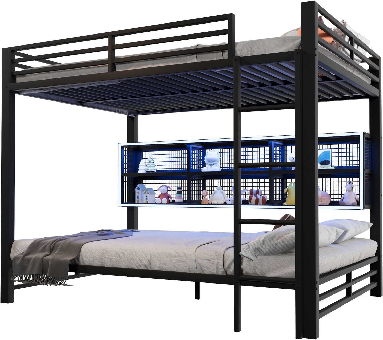 MUVANO Stapelbed 140x200 - Zwart Metalen Stapelbed - Stapelbed Met Opbergruimte-Bed Met LED Verlichting - 140x200 cm- Veiligheidshekje - Kinderkamer Zwart