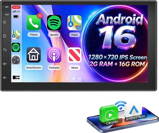 ESSGOO Autoradio 2 DIN Universeel – Android 16 – 7 inch HD-touchscreen - Apple CarPlay & Android Auto (Draadloos) – FM, wifi, SWC – GPS-navigatiesysteem