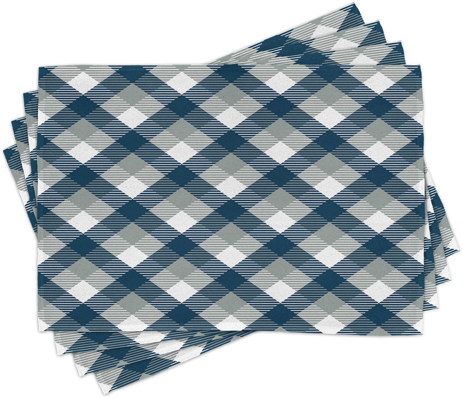 ABAKUHAUS Marineblauw Placemats Set van 4, Abstract Geruit Tartan Geometrisch Klassieke Vierkanten met Schotse Effecten, Wasbare Stoffen Placemats voor Eetkamer- en Keukentafeldecoratie, Donkergrijs Wit Donkerblauw