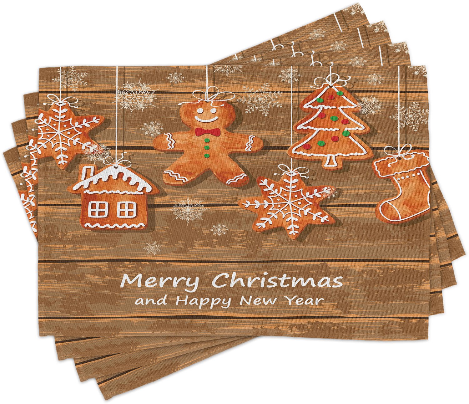 ABAKUHAUS Peperkoekmannetje Placemats Set van 4, Grappige Aquarel Koekjes op Houten Planken Heerlijke Kerst Gebak, Wasbare Stoffen Placemats voor de Eettafel, Standaardformaat, Oranje Wit