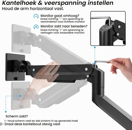 Verstelbare monitorsteun voor 1 scherm, geschikt voor vlakke en gebogen schermen van 17-49 inch, met gasveer en verhoogde belasting tot 20 kg, VESA 75 x 75/100 x 100 — afbeelding 4