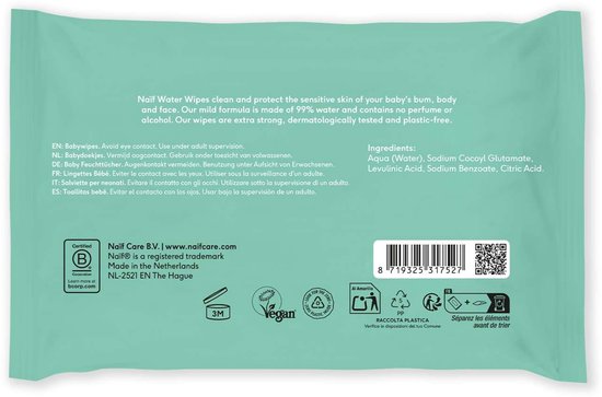Achterkant van Naïf Water Wipes verpakking met ingrediënten, certificeringen en gebruiksaanwijzing.