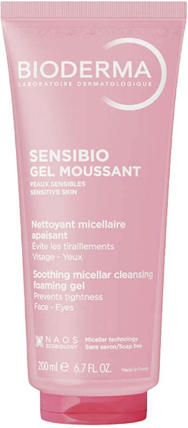 Bioderma Sensibio Gel Moussant, een roze schuimende reinigingsgel in een tube van 200 ml.