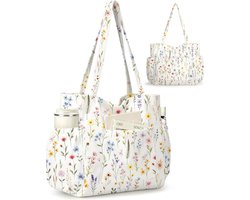 Corduroy totebag - Draagtas - Schoudertas - Strandtas - Voorzien van een ritssluiting en meerdere zakken - Handtas voor Werk School Sportschool Reizen - 38.5x10x36CM - Bloemen - Kleurrijk