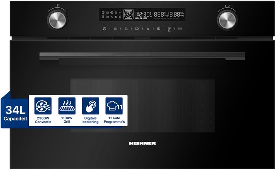 Zwarte Heinner inbouw combimagnetron met 34L capaciteit, 2300W convectie, 1100W grill en digitaal display met 11 programma's.