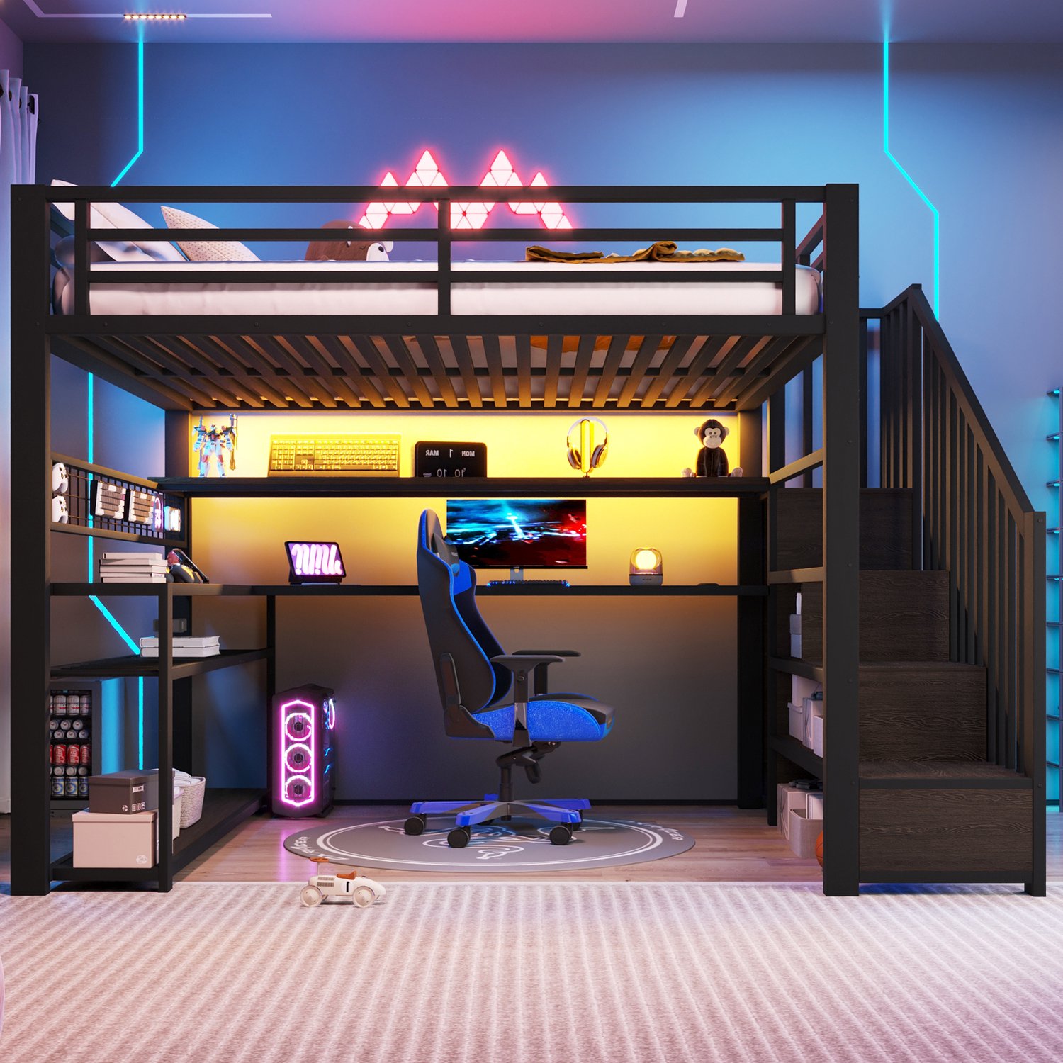 MUVANO Hoogslaper 140x200 - Metalen hoogslaper met bureau - kledingkast en RGB-ledverlichting - trap met opbergruimte - zwart voor kleine kamer