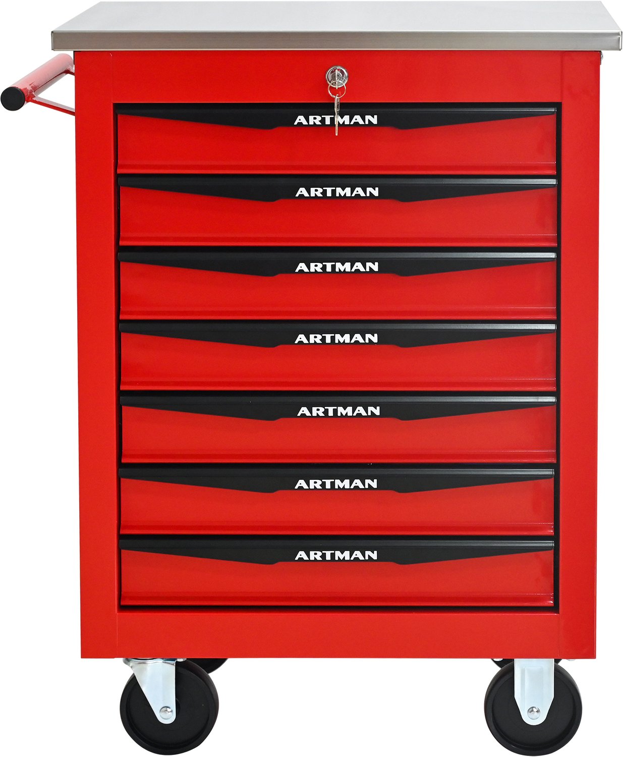 Gereedschapswagen Met 7 Laden - Afsluitbaar Met 4 Wielen En 2 Remmen - Stalen Wagen Met Rvs Bovenblad - Rood En Zwart Voor Garage En Werkplaats
