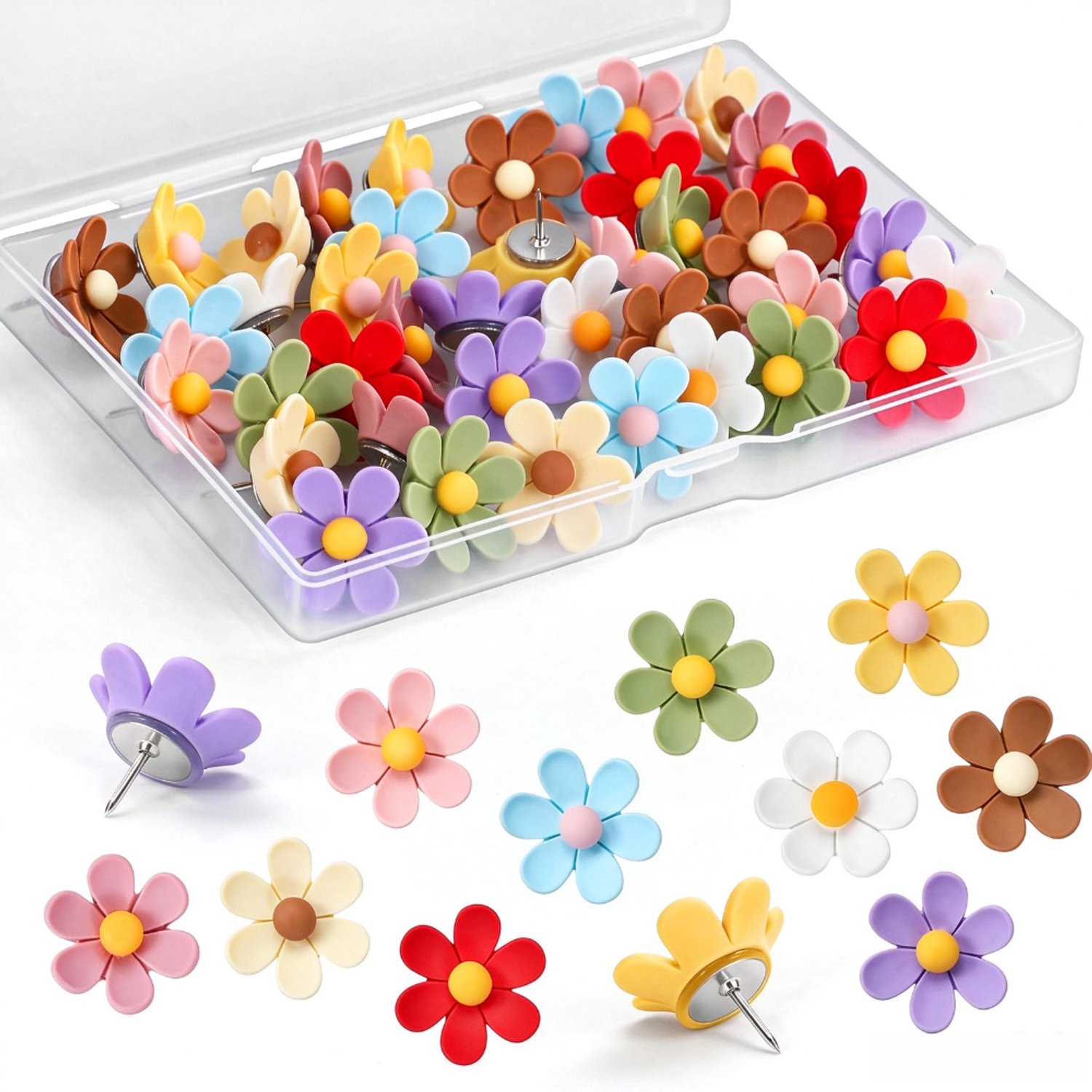 Set van 50 – Punaises – Wanddecoratie – Kunstbenodigdheden – Harsmateriaal – Leuk bloemendesign – Geschikt voor prikborden, kurkborden, fotowanden, viltborden