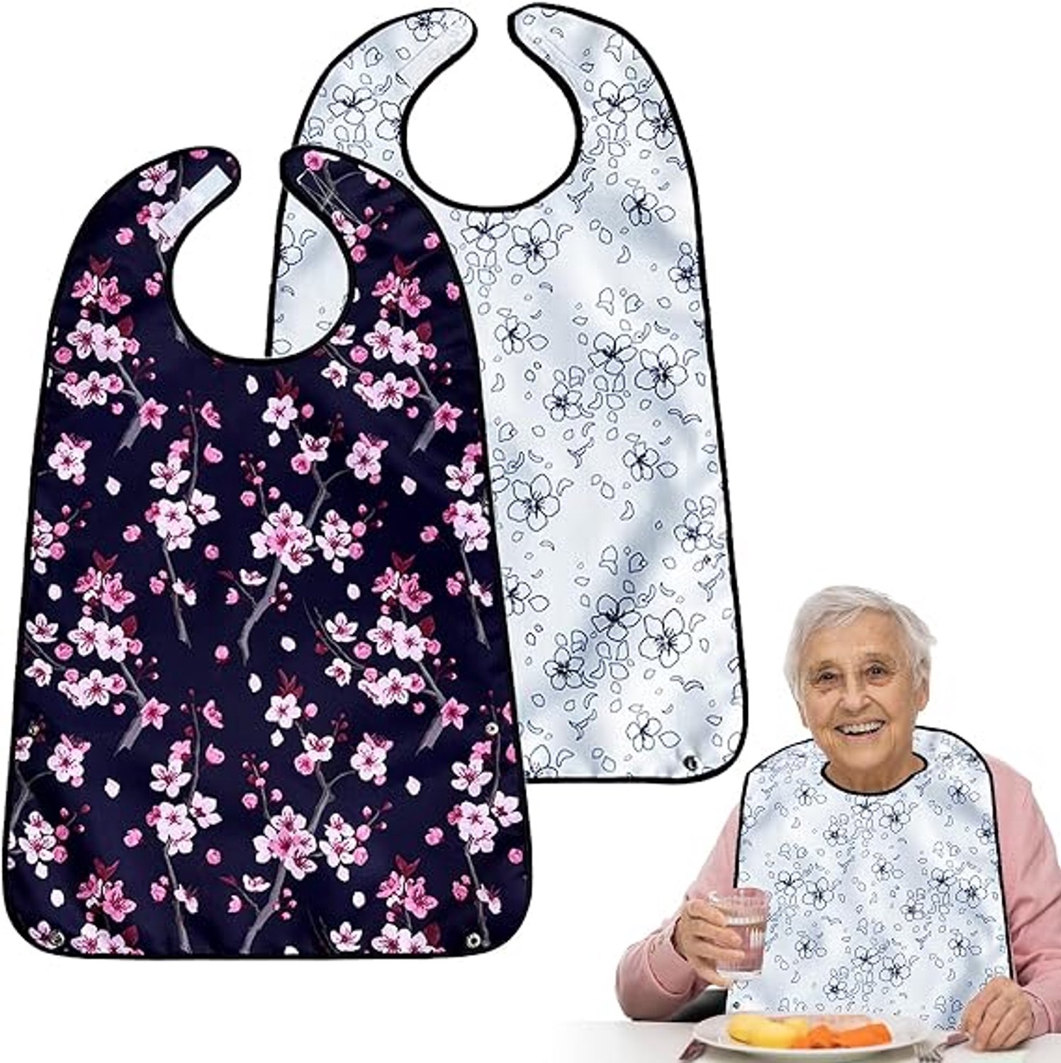 Slabbetjes volwassenen - Kledingbeschermer voor eten - Herbruikbaar met opvangzak - Waterafstotend en wasbaar - Voor maaltijdverzorging - Met bloemenmotief - Donkerblauw en wit - 2 stuks - 75 x 45 cm