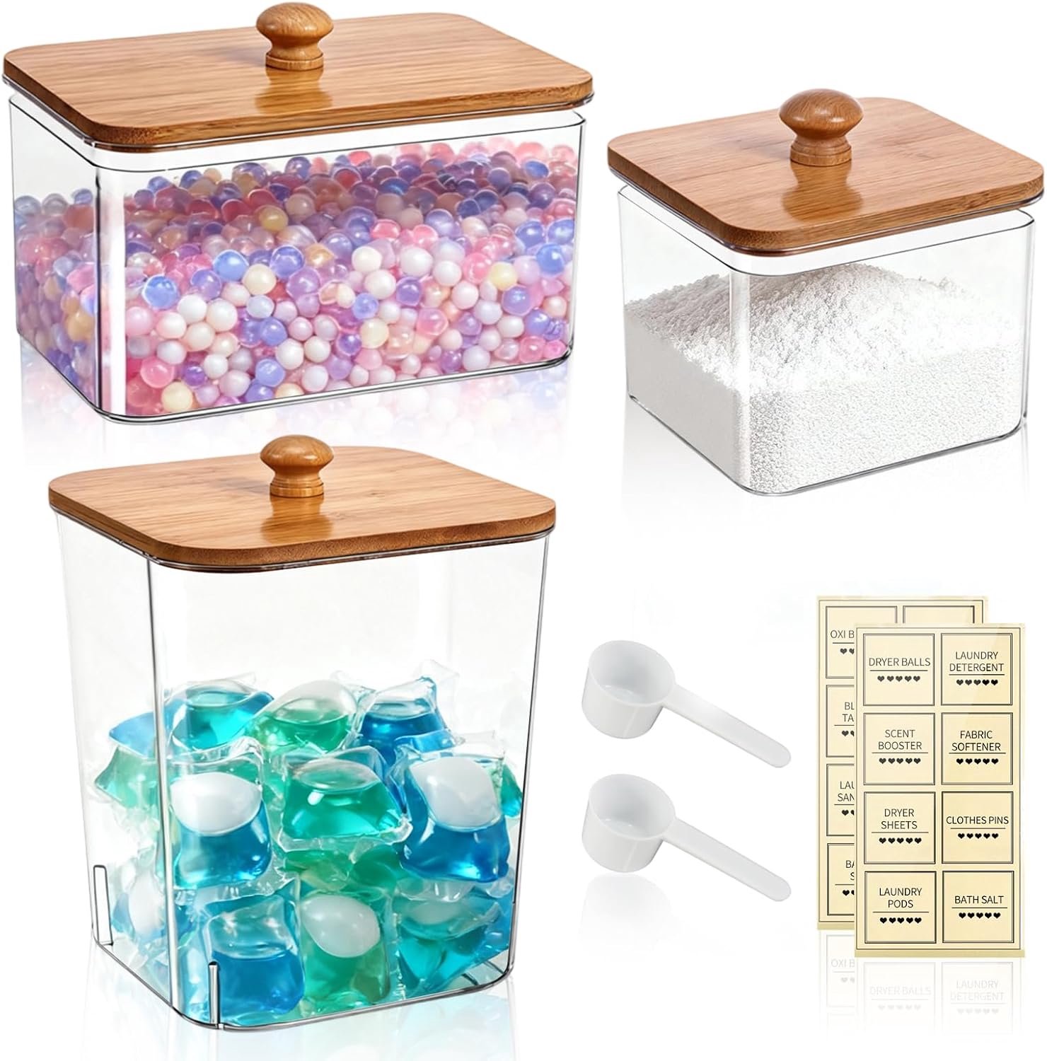Wasmiddelbakjes met deksel - Opbergpotten voor wascapsules - Transparante bakken voor wasruimte - Wasmiddel organiseren op plank - PET kunststof met bamboedeksels - Inclusief etiketten en schepjes - Transparant met hout - Set van 3 formaten