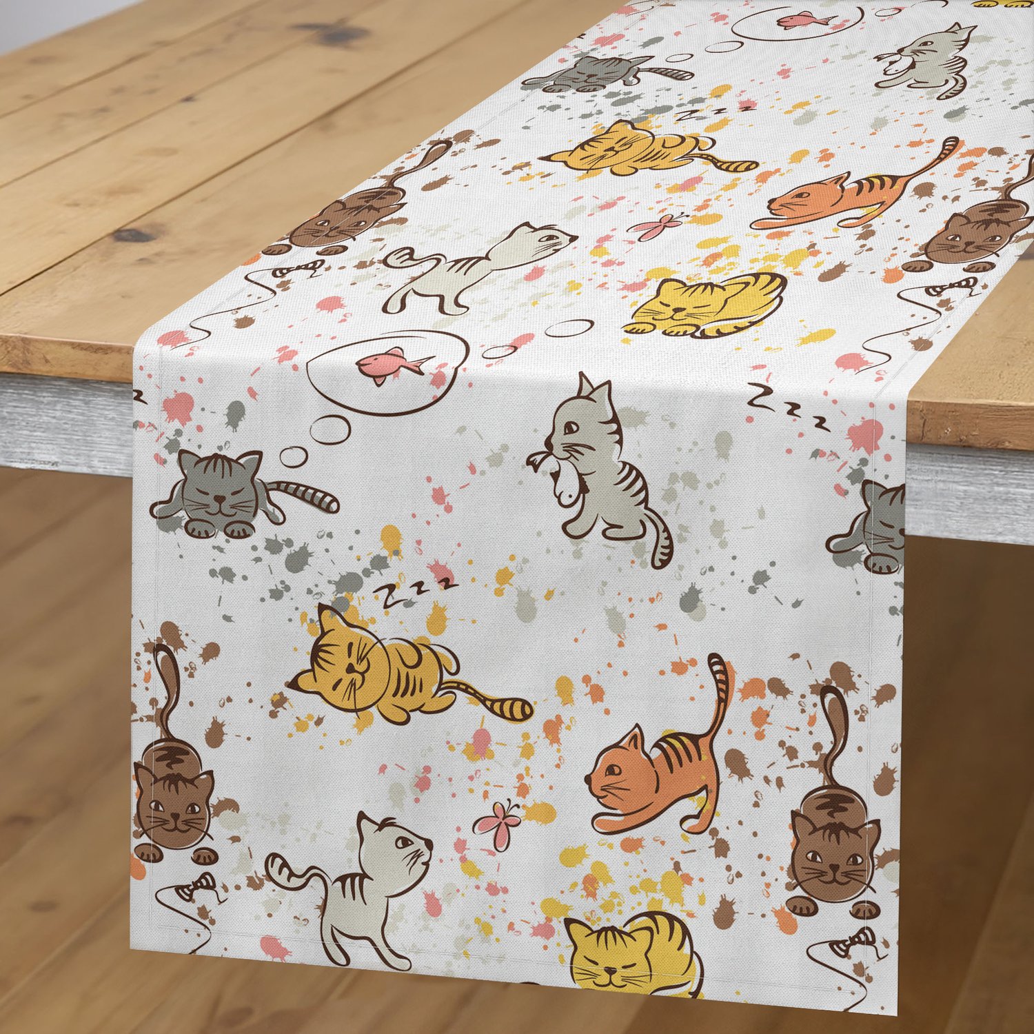 ABAKUHAUS Katten Tafelloper, Grappige Katten Slapen Jagen Vlinders Najagen en Dromen van Vis met Kleurspatten, Rechthoekige Tafelloper voor Eetkamer en Keuken, 40 x 225 cm, Wit Beige