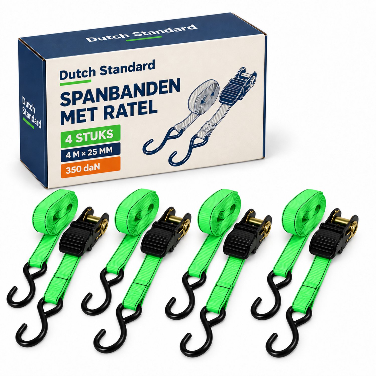 Dutch Standard Spanbanden met Ratel - 4 Stuks - 4 meter x 25 mm - 350 daN - Groen
