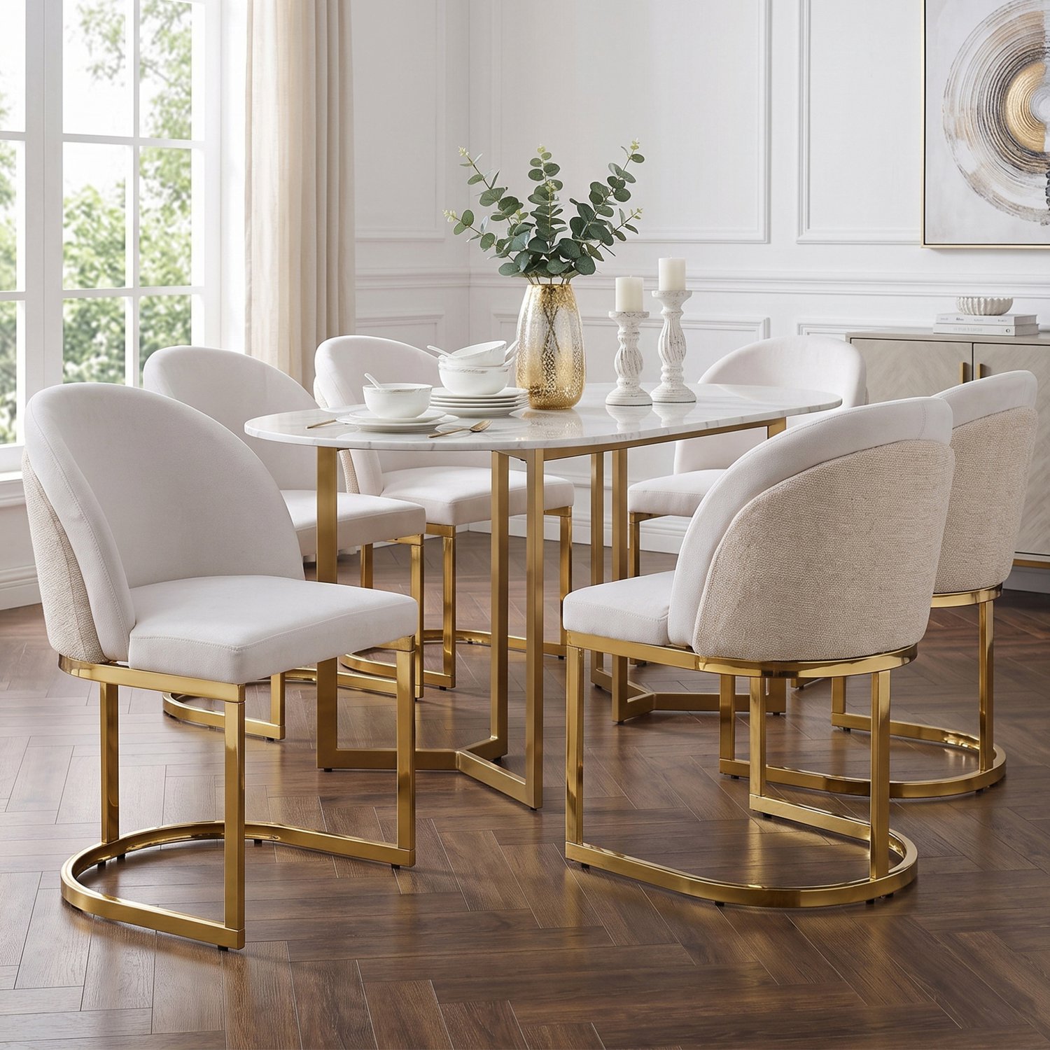 WUVRIE Set van 6 eetkamerstoelen 59x52x85 cm - Chenille bekleding en metalen poten - Beige/goud