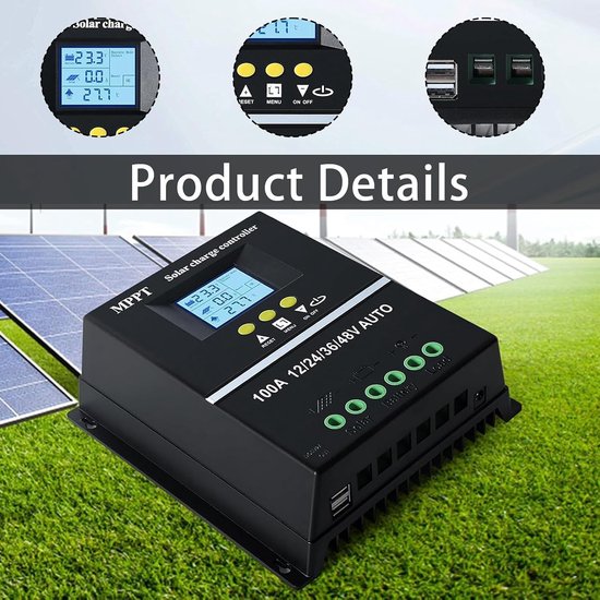 Zonne-energie MPPT Laadregelaar 100A voor 12V, 24V, 36V en 48V Panelen met LCD Scherm voor Lithium en Loodaccu's, Efficiënte Oplossing voor Duurzame Energie — afbeelding 2