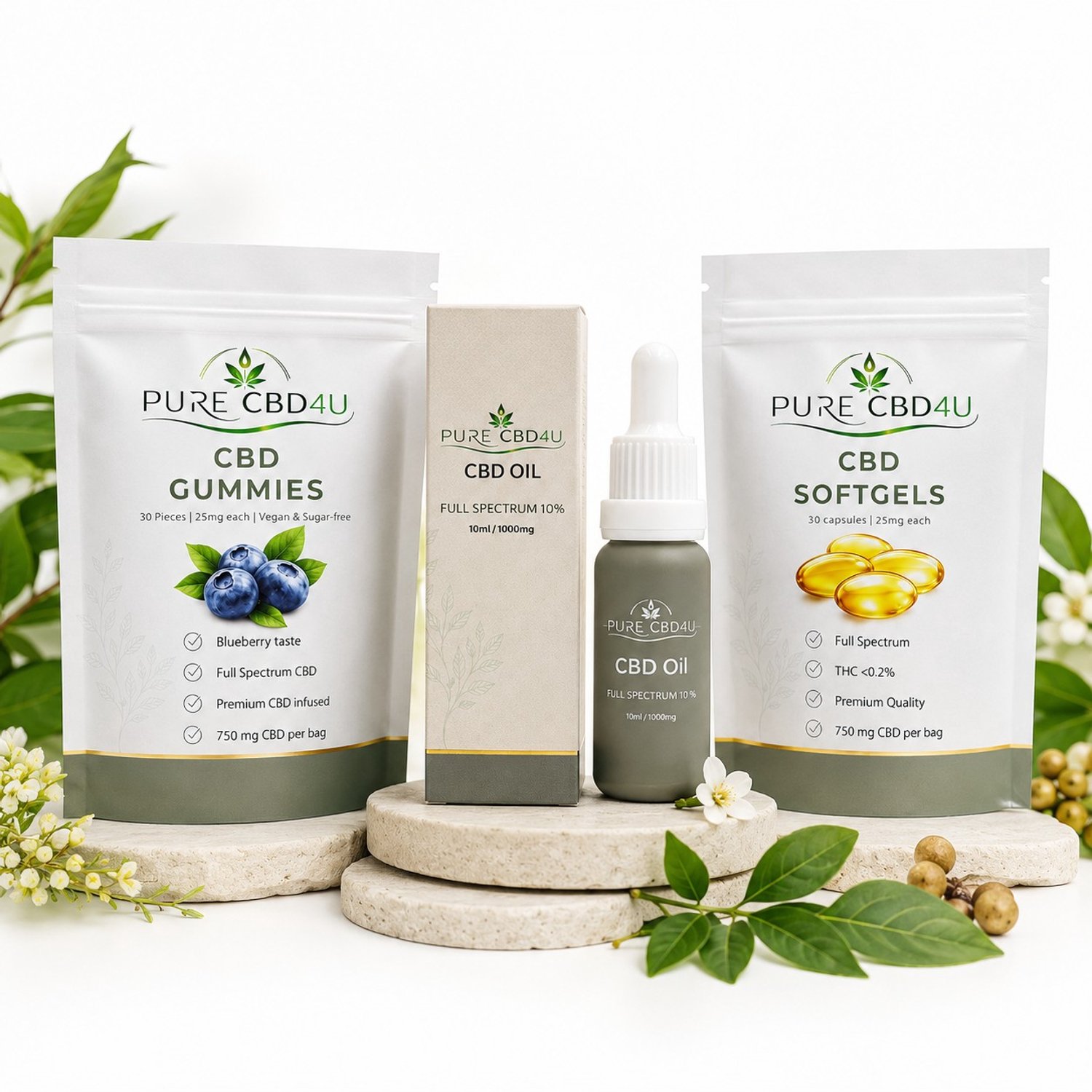 PureCBD4U CBD Bundel Daily Wellness – CBD Olie 10% 10 ml + CBD Gummies 25 mg 30 stuks + CBD Softgels 25 mg 30 capsules