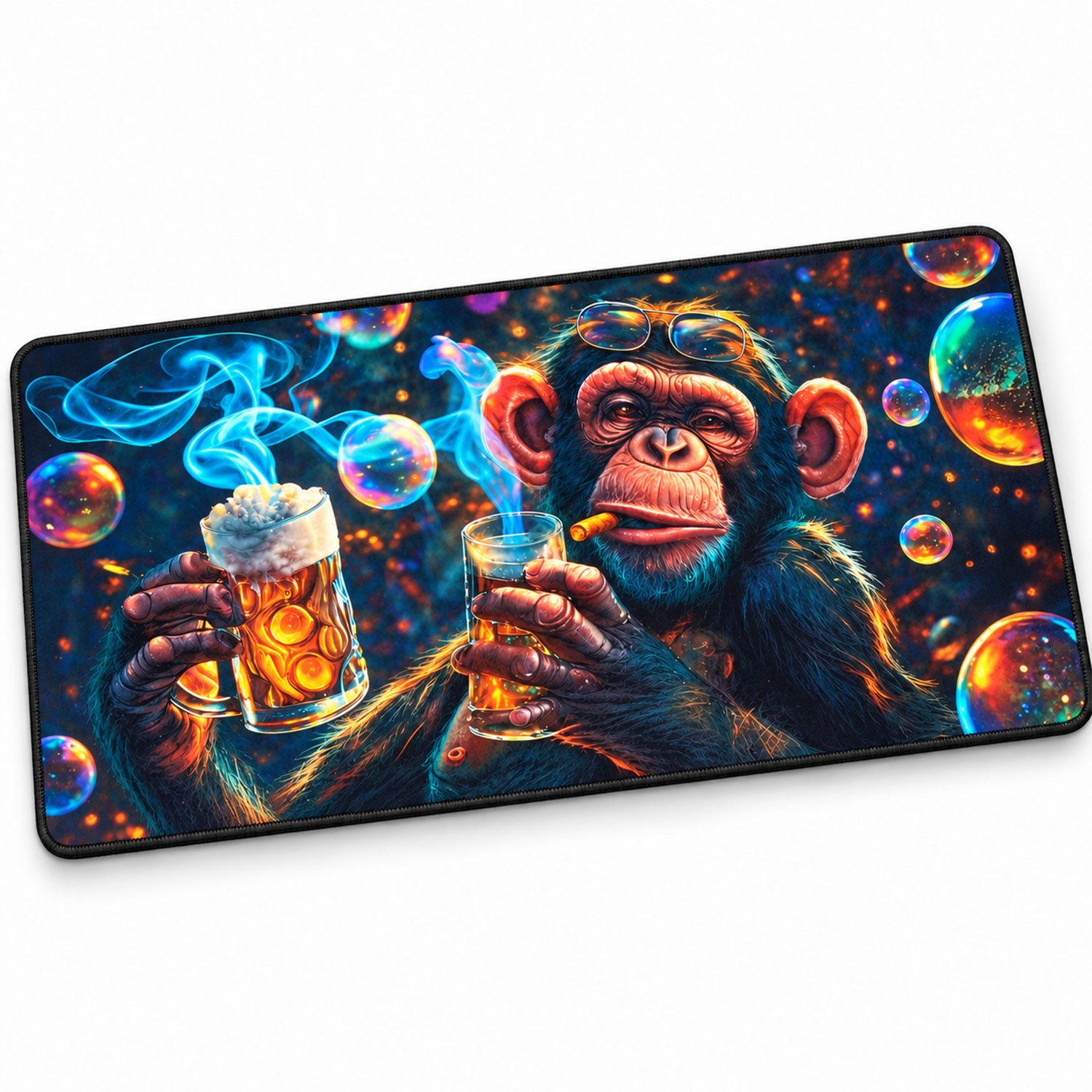 Gaming Muismat XXL 70x30 cm - Drunken Monkey Aap Bureau Onderlegger - Antislip Wasbaar 3 mm Gestikte Randen - Deskpad Bureaumat Toetsenbord Onderlegger - Cadeau voor Gamers Jongens Tieners - Jungengel