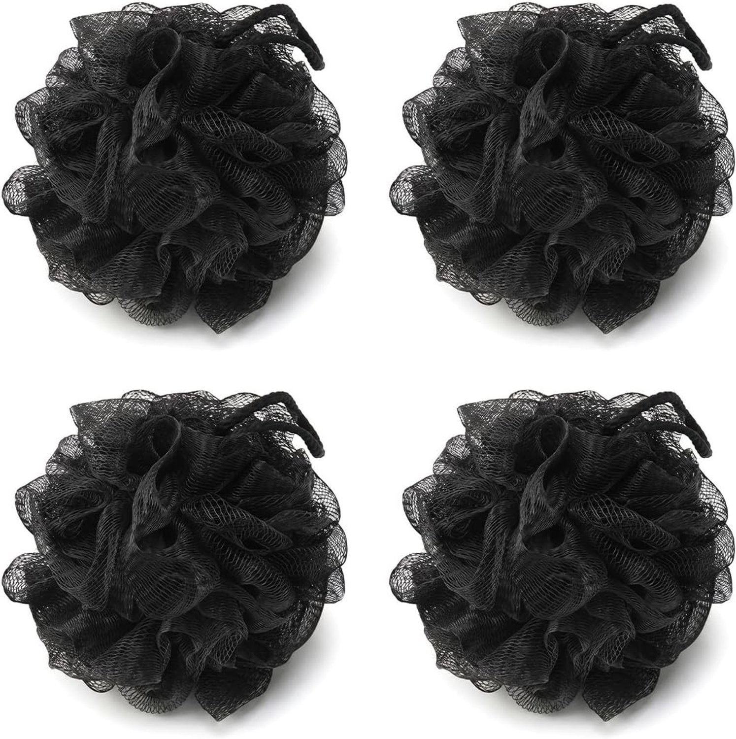 Zwarte Douche Puff Set met 4 Stuks, Inclusief Hangring en Loofah Spons voor een Luxe Verzorgingservaring