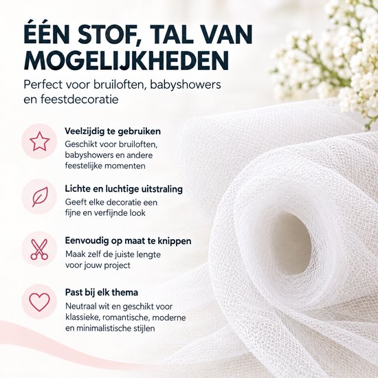 Rol witte tule stof met fijne structuur, ideaal voor feestelijke decoratie.